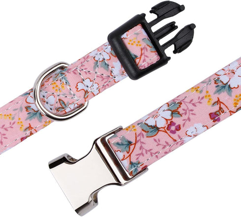 Girl Dog Collar for Small Medium Large Dogs, Cotton Pet Collar, Flowers Daisy and Rose Patterns with Quick-Release Buckle (Flower Pink, M)...
