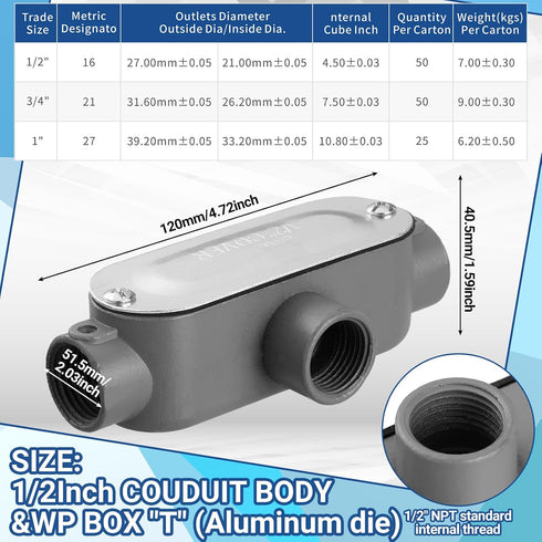 Tandefio 4 Pcs Threaded T Type Conduit Body, Stamped Steel Cover, Die Cast Aluminum Junction Box(1/2 Inch)...