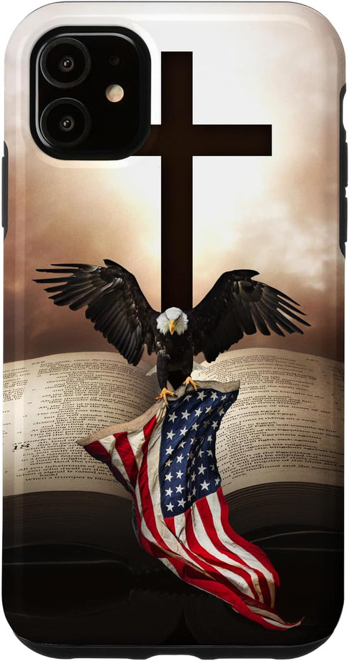 iPhone 11 Pretty Christian Cross Bible A Bald Eagle Grip American Flag Case...