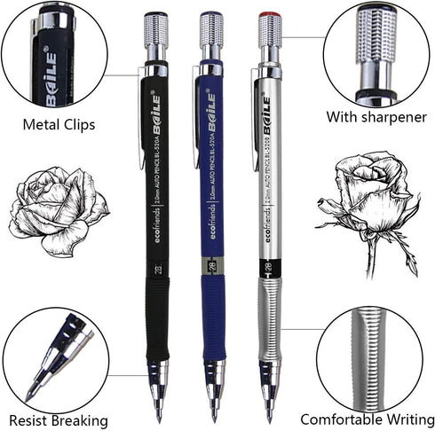 JYsun 6pcs 2mm Mechanical Pencils with 4 Cases Color Lead Refills and 2 Cases Black Refills for Art Sketching Carpenter Draft Drawing Writing Craf...