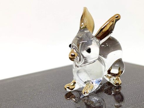 Rabbit Tiny Miniature Figurines Animals Hand Blown Glass Art W/22K Gold Trim Collectible Gift Decorate, Clear Gold...