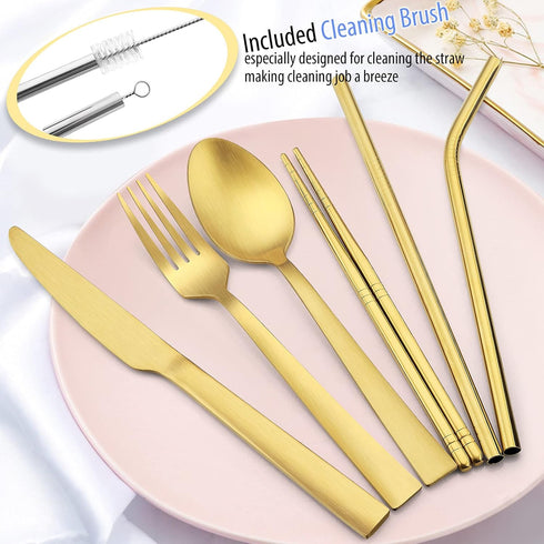 Matte Gold Travel Utensils with Case, E-far 8-Piece Reusable Travel Silverware Set, Metal Portable Camping Cutlery Flatware Set Includes Knife, Fo...