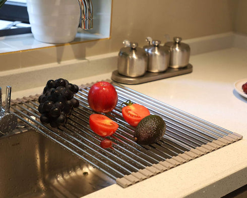 Roll up Dish Drying Rack Over The Sink Drying Rack Silicone kitchenware Folding draining Dish Rack SUS304 Stainless Steel 17.7inx13.75in (Grey)...