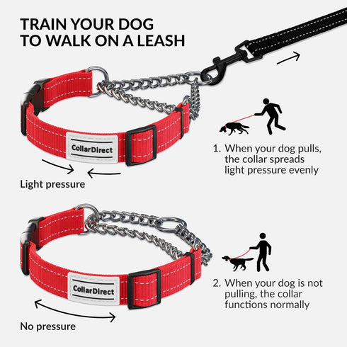 CollarDirect Martingale Dog Collar with Stainless Steel Chain and Quick Release Buckle - Reflective Collar for Large, Medium, Small Dogs - Red, La...