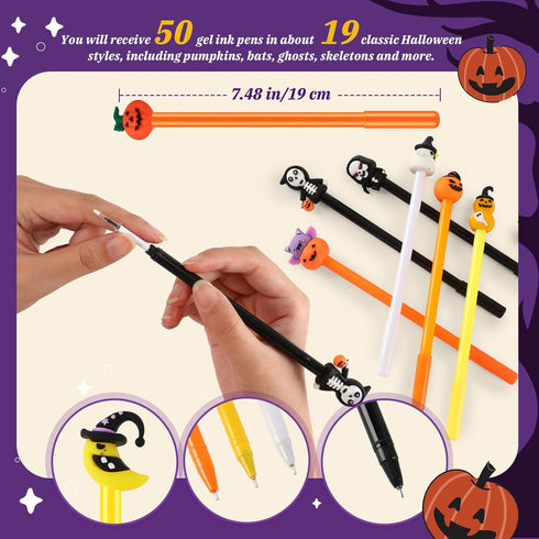 SANNIX 50 Pieces Halloween Pens, Fun Cartoon Gel Ink RollerBall Pens for Kids Gift School Class Birthday Party Supplies Halloween Party Favors Pum...