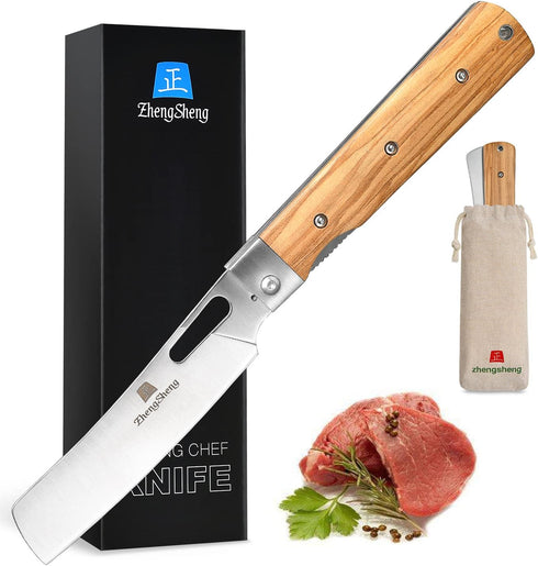 ZhengSheng Folding Chef Knife 4.8” Ultra Sharp 440A Stainless Steel Blade Natural Olive Handle Pocket Foldable Japanese Style Kitchen Knife for Ou...