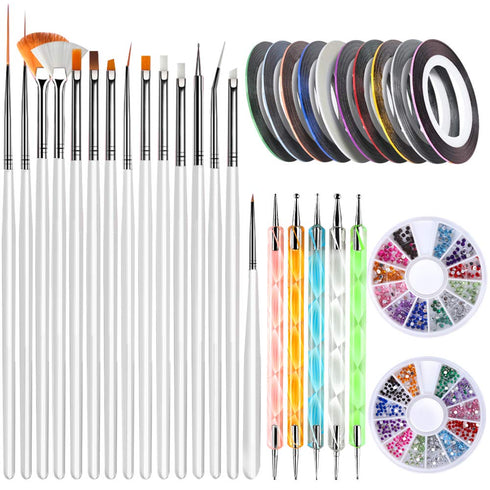 Teenitor Nail Art Brushes,3D Nail Art Paiting Polish Design Kit with 15 Nail Gel Brushes, Nail Dotting Pen 5pcs, 12 Colors Nail Rinestones 10 Adhe...