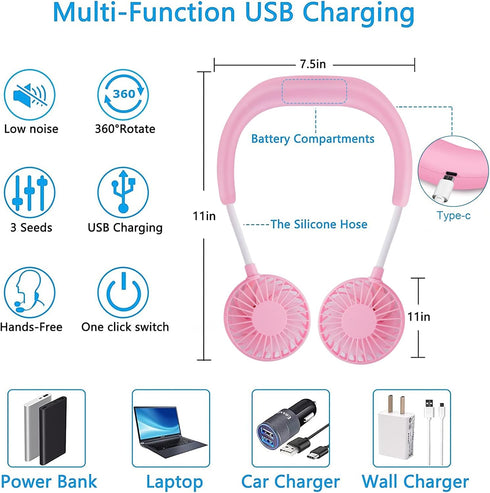 SZ-JIAHAIYU Portable Neck Fan Rechargeable USB Hands-Free Fan Personal 360° Double Headed Free Rotation 3 Speed Adjustable Wearable Face Mini Smal...