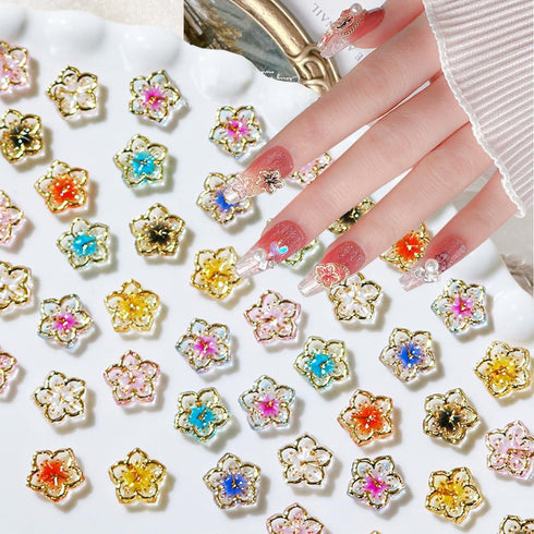 50Pcs Flower Nail Charms 3D Lovely Flower Charms Nail Rhinestones Gold Edge Glaze Design Resin Nail Jewels Colorful Floral Nail Art Charms Supplie...
