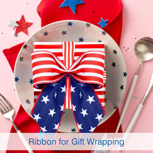 ZOCONE 2 Rolls 20 Yard Red White Blue Patriotic Ribbon Star and Striped Wired Ribbon for 4th of July, Independence Day, Memorial Day, Wreath Makin...