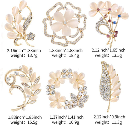 Lot 6pcs Opal Cat's Eye Stone Crystal Rhinestone Leaf Flower Brooch Pin set for Women...