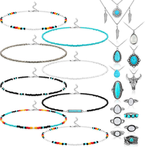 22 Pcs Western Choker Necklaces Rings Sets for Women, Western Bead Choker Silver Boho Turquoise Drop Pendant Necklaces Turquoise Rings Bohemian Hi...