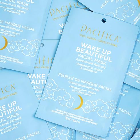Pacifica Beauty | Wake Up Beautiful Face Mask | Sheet Mask | Retinoid, Mushrooms, Melatonin | Clean Skincare | Fine Lines, Wrinkles, Aging Skin, M...