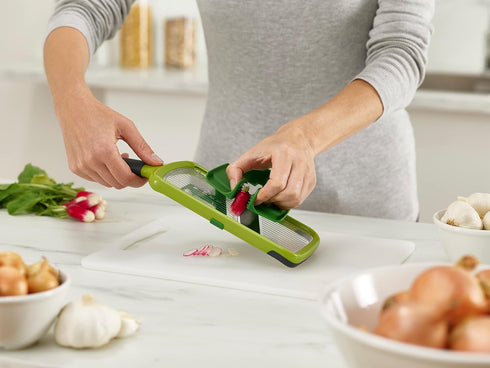 Joseph Joseph Multi-Grip Hand-held Kitchen Mandoline, Fruit and Vegetable Slicer with Food Grip and Adjustable Blades, Dishwasher Safe...