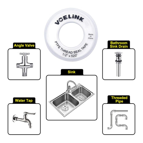VCELINK PTFE Plumbers Tape 6-Pack, Industrial Water Sealant Thread Tape, 520" Length, 1/2" Width, Plumbing Teflon Tape for Shower Head and Pipe Th...
