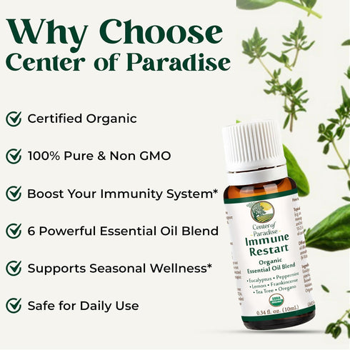 Center of Paradise Immune Restart Organic Essential Oil Blend for Immune Support* (10 ml) - USDA Certified & Non-GMO Blend of Eucalyptus, Peppermi...