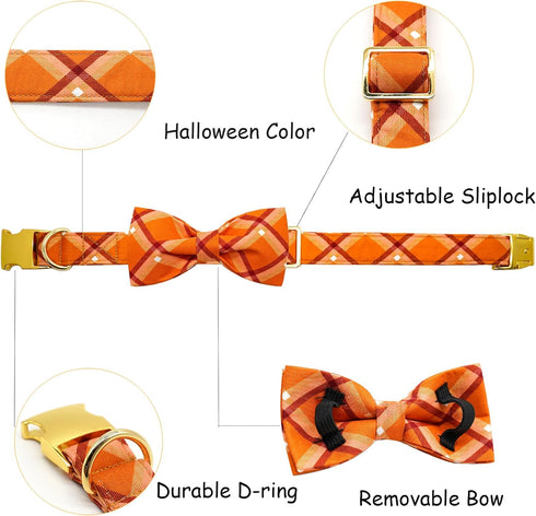 Fall Dog Collar, Pet Collar Dog Bow Orange Plaid Dog Collar Girl Boy Holiday Pet Dog Collar Gift Bow Dog Collar Cute Soft Puppy Collar for Large D...