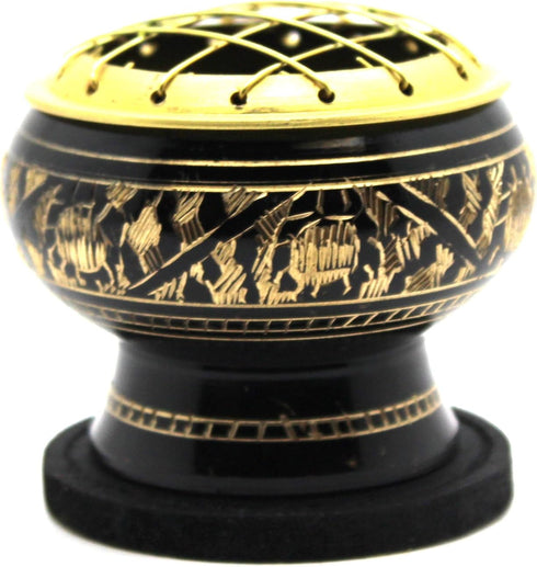 Govinda - Small Decorated Brass Charcoal Screen Incense Burner with Wooden Coaster...