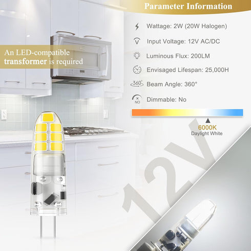 DiCUNO G4 LED Bulb 12V, JC Bi-Pin Base Light Bulbs 2W, Daylight White 6000K, 20W T3 Halogen Replacement Bulb for Landscape Light, Under Cabinet Li...