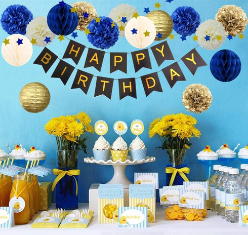 InBy 17pcs Navy Blue and Gold Party Decoration Kit for Baby Boy Shower Men Women Birthday Decoration Happy Birthday Banner 12" 10" 8" Tissue Paper...