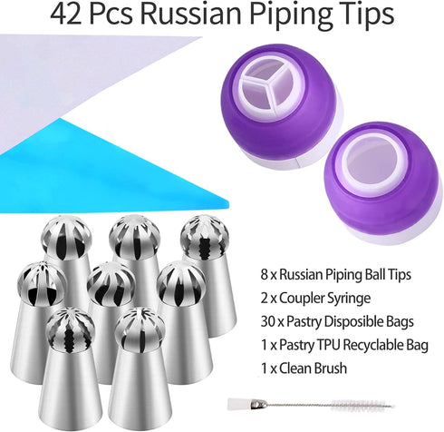 42 Pcs Russian Piping Tips Set, 8 Nozzles Flower Frosting Icing Tips Russian Ball Piping Tips for Cake Decorating Kit, 2 Couplers 30 Pastry Baking...