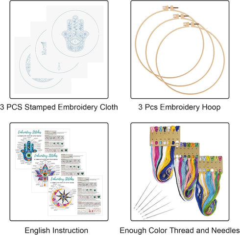 Louise Maelys 3 Set Tarot Evil eye Embroidery Kits for Beginners,Adults Starter Cross Stitch Kit DIY Needlepoint Kits with hamsa hand sun moon lou...
