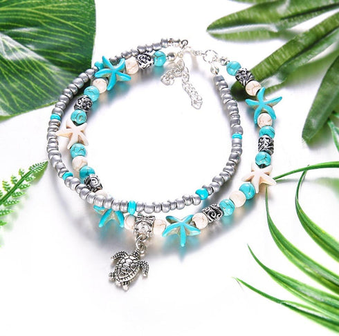 Zoestar Boho Starfish Turtle Anklet Ankle Bracelet Beaded Foot Accessories Double Layer Jewelry for Women(Silver/1Pc)...