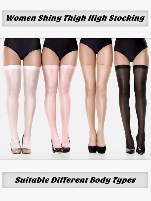 Geyoga 4 Pairs Shiny Thigh High Stockings Halloween Cosplay Sock Shimmery Silk Stockings Sheer Over the Knee Socks for Women...