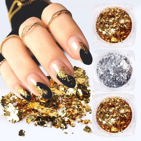 Holographic Gold Silver Nail Foil Glitter Flakes 3D Sparkly Aluminum Foil Flake Mirror Powder Nail Art Supplies Irregular Foil Glitter Chip Nail D...