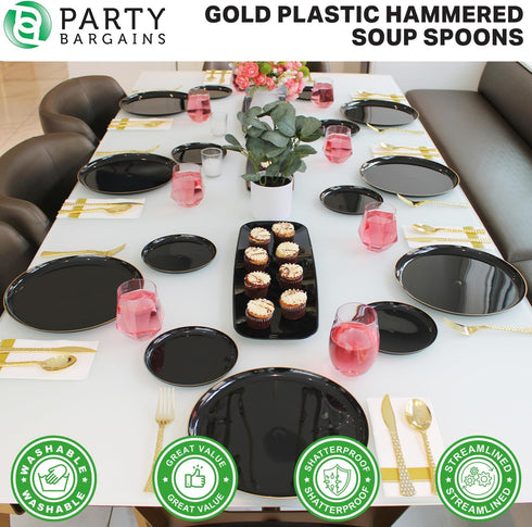 Party Bargains Disposable Hammered Cutlery Soup Spoons, 40 Count, Gold, Heavy Duty Plastic Flatware Cutlery Utensils, Excellent for Weddings, Birt...