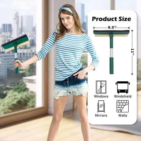 Window Squeegee for Home, 2 in 1 Window Cleaner Sponge and Dual Side Blade Rubber, Window Squeegee Cleaning Tool with 8’’ Pole for Windows, Glass ...