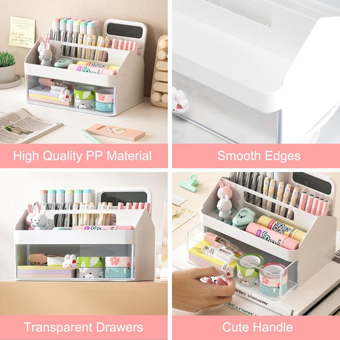 SAYEEC Desk Organizer with Drawer, Cute Pencil Pen Holder with Handle and 6 Compartments, Multi-Functional Makeup Organizer Storage Box, Desktop A...