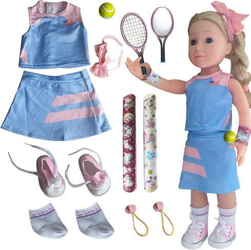 18inch Doll Clothes and accessories-18 Dolls Tennis Sports Outfits-Tops, Short Skirt, Headbands, Hair Band?Doll Socks, Dolls Shoes, Rackets, Ball...