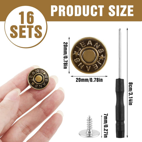 16 PCS Jeans Buttons, No Sew Jean Button Replacement with Screwdriver Reusable Pants Button Tightener for Waist Buttons for Loose Jeans Trousers A...
