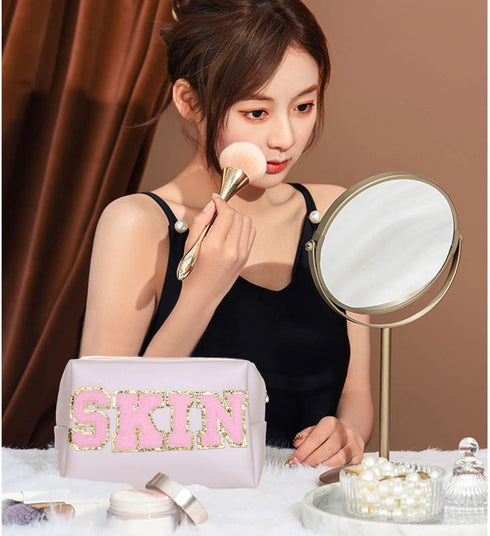 Preppy Patch Cosmetic Toiletry Bag for Women Girls SKIN Letters PU Leather Portable Makeup Bag Zipper Pouch Storage Purse Waterproof Organizer for...