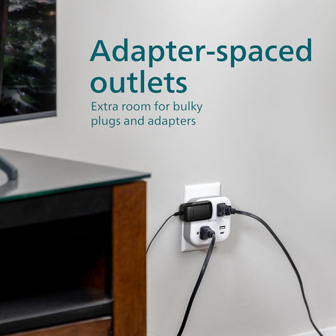 Philips 3-Outlet Surge Outlet Extender with USB, 1 USB-A, 1 USB-C, 12W, 980J, White - SPP9393W/37...