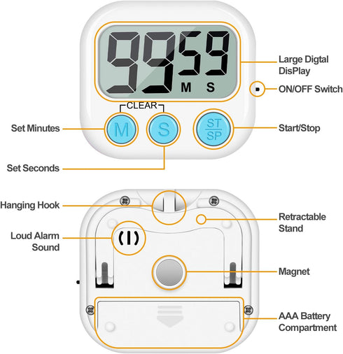 Kitchen Timer, 2 Pack Large Digits Classroom Timer for Kids,Simple Operation Magnetic Timers, Digital Timer for Cooking -White...
