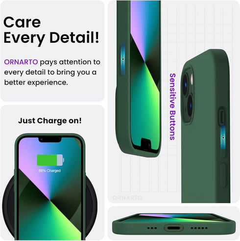 ORNARTO Compatible with iPhone 13 Case 6.1, Slim Liquid Silicone 3 Layers Full Covered Soft Gel Rubber Case Cover 6.1 inch-Clover Green...