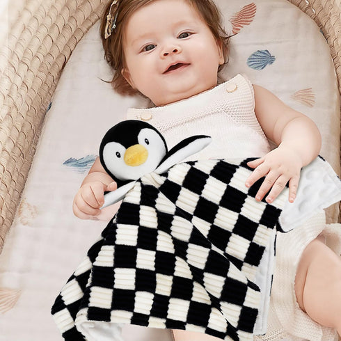 Baby Lovey Blanket for Boys Girls Super Soft Checkerboard Gingham with Minky Dot Fabric Backing Penguin Stuffed Animal Lovely Snuggle Toy Black 14...