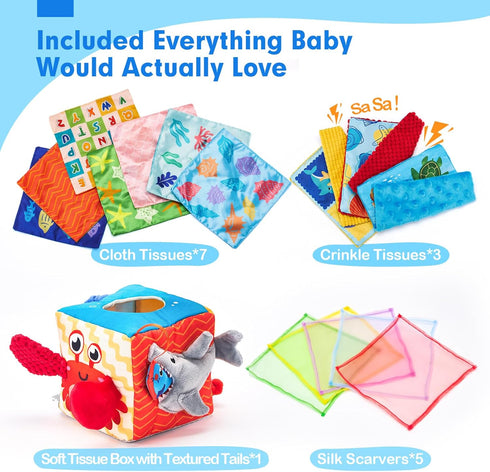 hahaland Baby Tissue Box Toy - Baby Toys 6-12 Months Montessori Toys for 6 Month Old Toys with Textured Tails, Cloth Tissues, Crinkle, Squeaky Sou...