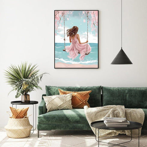 QAZWSX Diamond Painting Beautiful Girl Swing Beach Diamond Art Beach Scenery Gem Art Easy for Beginner Gems Cross Stitch Mosaic Craft Hobby Wall A...