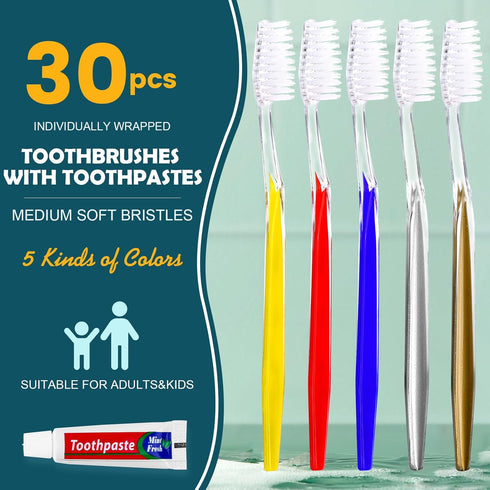 30 PCS Individually Wrapped Bulk Toothbrushes with Toothpastes, Colorful Manual Disposable Toothbrushes for Adult or Kid, Ergonomics Handle, Mediu...
