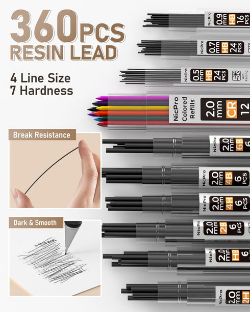Nicpro 35PCS Art Mechanical Pencil Set, 3 PCS Metal Drafting Pencil 0.5 mm & 0.7 mm & 0.9 mm & 3 PCS 2mm Lead Holder (6B 4B 2B HB 2H 4H Colors) Fo...