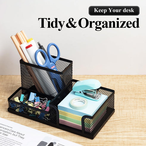 M&G Mesh Pen Holder Desk Organizers Pencil Holder for Desk Black, 3 Compartments Metal Office Supply Organizer with Sticky Notes Holder for School...