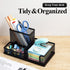 M&G Mesh Pen Holder Desk Organizers Pencil Holder for Desk Black, 3 Compartments Metal Office Supply Organizer with Sticky Notes Holder for School...