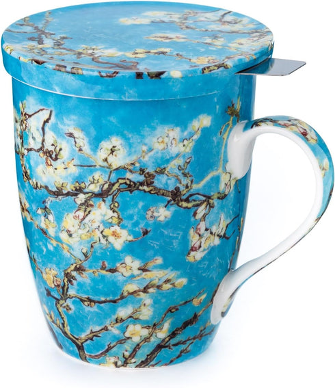 McIntosh Mugs Van Gogh Almond Blossom Fine Bone China (15 oz) Tea Mug with Lid and Infuser in Matching Gift Box...