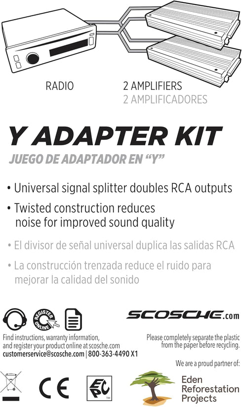 Scosche AMYC4X2 Y-Adapter - 2-Channel Oxygen Free Copper Twisted RCA Splitter for Car Audio Stereo, Amplifiers - 1M2F/1F2M Reversible Signal Split...