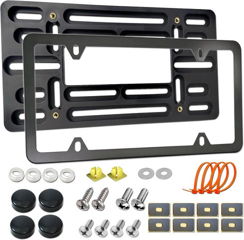 Aootf Front License Plate Mounting Kit- License Plate Bracket & Black Aluminum Car Tag Holder Cover Fit No Drilling Hole Front Bumper, Universal A...