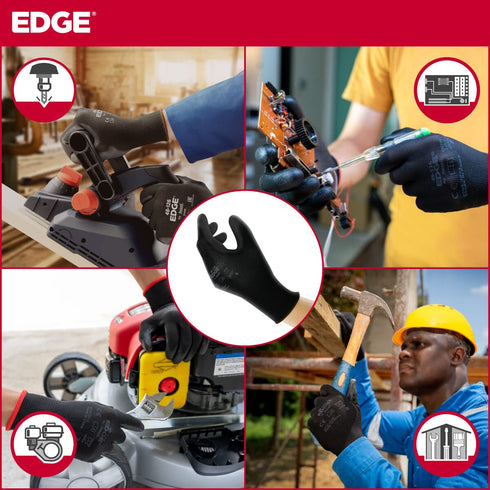 EDGE 48-126 Abrasion-Resistant Industrial Seamless Gloves w/Knitted Liner for Auto, Machinery, Electronics - Large, Black (12 Pairs)...
