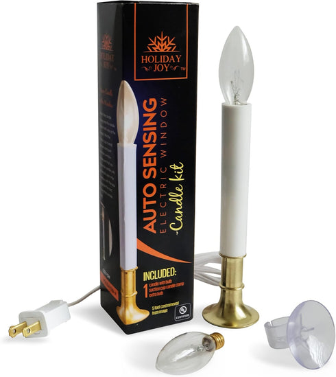 Holiday Joy Window Candles Kit - Pack of 1-9-inch-Tall Electric Candle with Built-in Auto Sensor, 2 Bulbs and Suction Cup Holder in Each Box - 5W,...